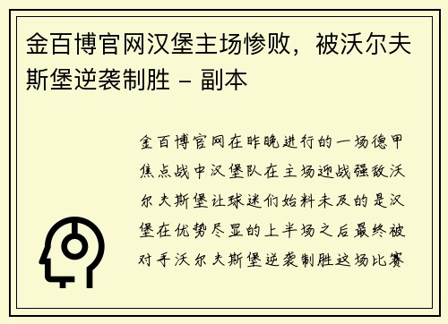 金百博官网汉堡主场惨败，被沃尔夫斯堡逆袭制胜 - 副本