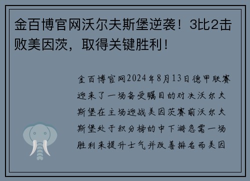 金百博官网沃尔夫斯堡逆袭！3比2击败美因茨，取得关键胜利！